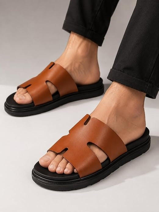 Men's Cutout Leather Slides - Tan
