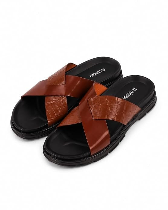 Men's Croc-Embossed Leather Slides - Brown