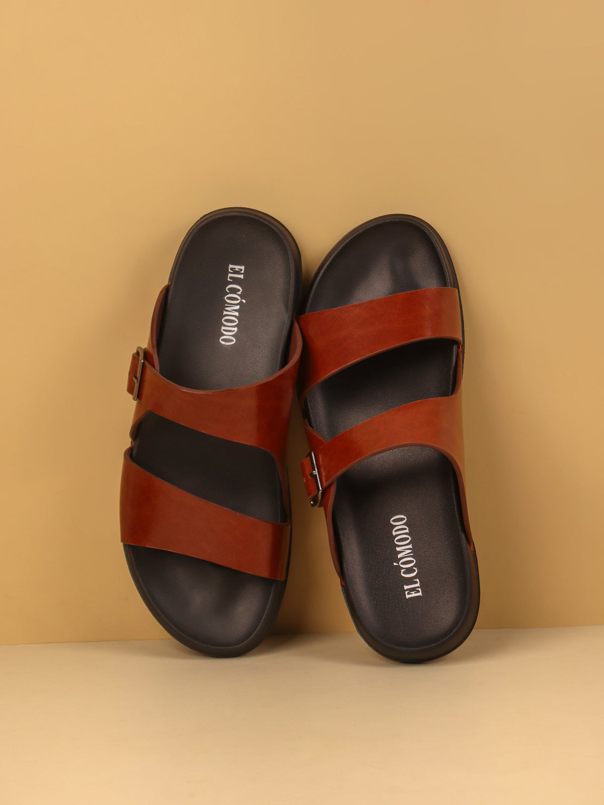 Men's Dual Strap Buckle Slippers: Brown