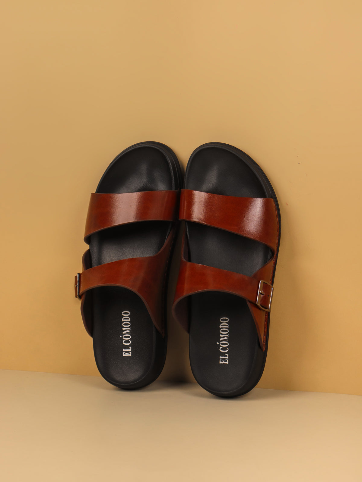 Men's Dual Strap Buckle Slippers: Brown