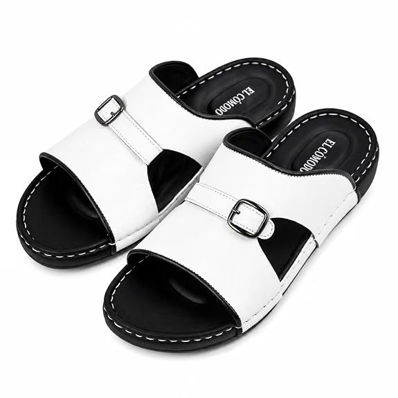 Men's Single Buckle Leather Slides - White