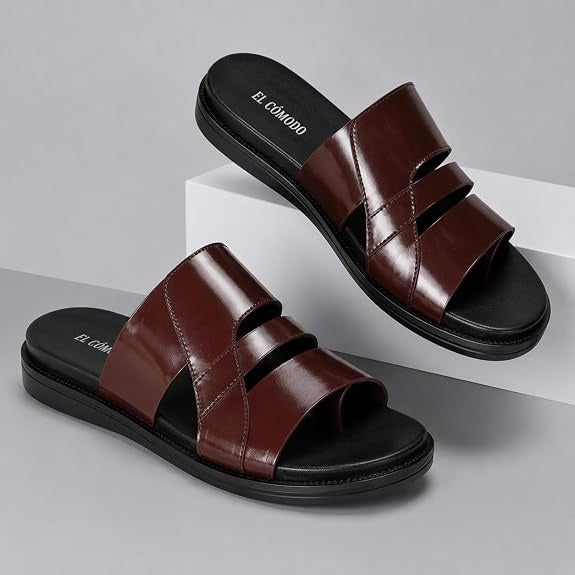 Men's Asymmetric Tri-Band Leather Slides - Brown