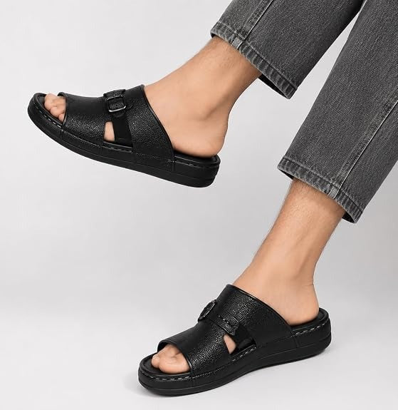 Men's Single Buckle Leather Slides - Black
