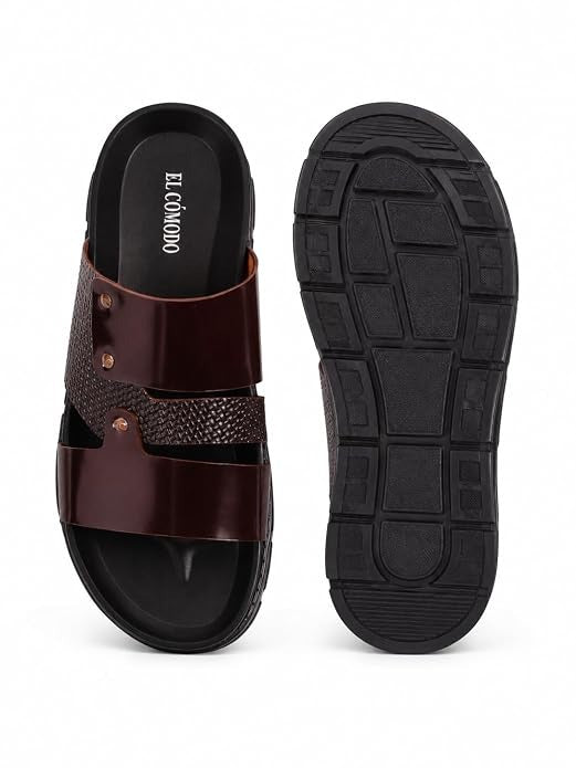 Men's Studded Dual-Texture Leather Slides - Brown