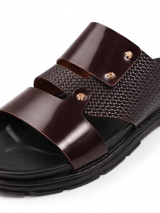 Men's Studded Dual-Texture Leather Slides - Brown