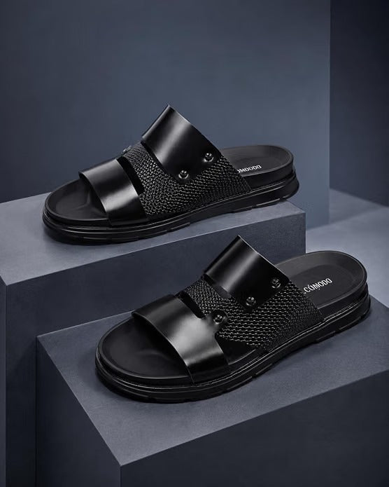 Men's Studded Dual-Texture Leather Slides - Black
