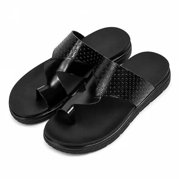 Men's Embossed Leather Toe-Ring Slides - Black