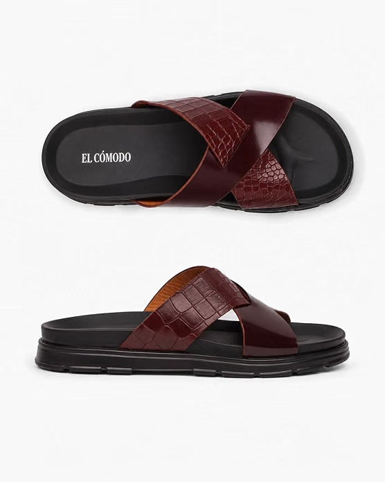 Men's Croc-Embossed Leather Slides - Tan