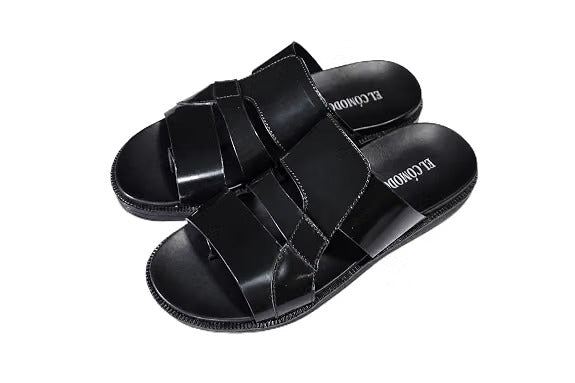 Men's Asymmetric Tri-Band Leather Slides - Black