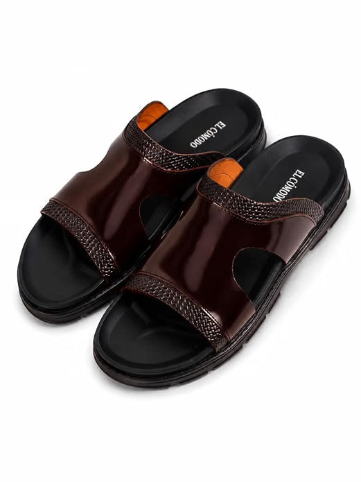 Men's Woven Trim Dual-Band Leather Slides - Brown