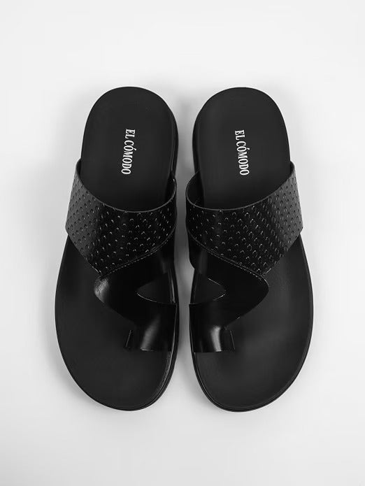 Men's Embossed Leather Toe-Ring Slides - Black