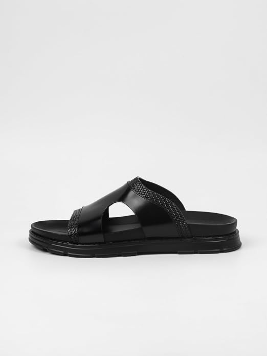 Men's Woven Trim Dual-Band Leather Slides - Black