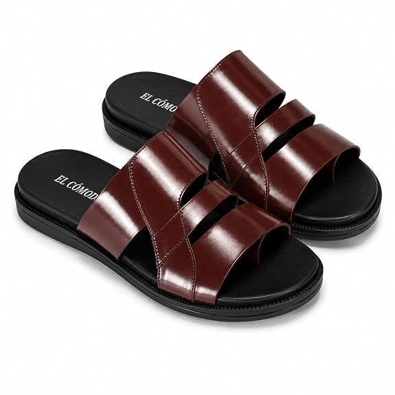Men's Asymmetric Tri-Band Leather Slides - Brown