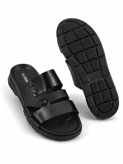 Men's Studded Dual-Texture Leather Slides - Black