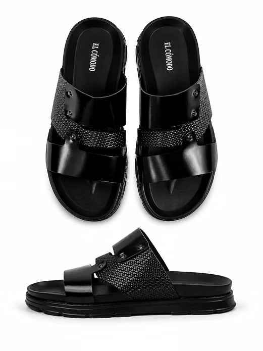 Men's Studded Dual-Texture Leather Slides - Black
