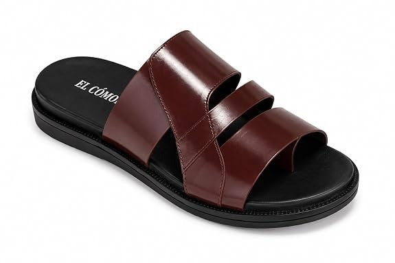 Men's Asymmetric Tri-Band Leather Slides - Brown