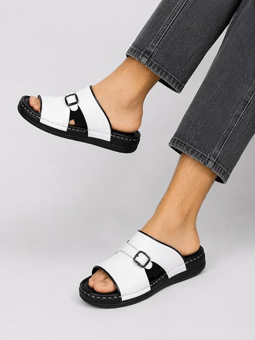 Men's Single Buckle Leather Slides - White