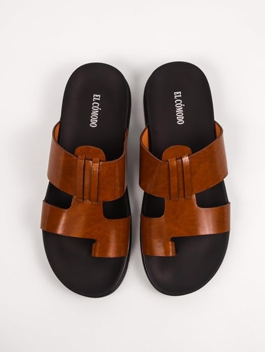 Men's Contemporary Leather Toe-Ring Slides - Tan