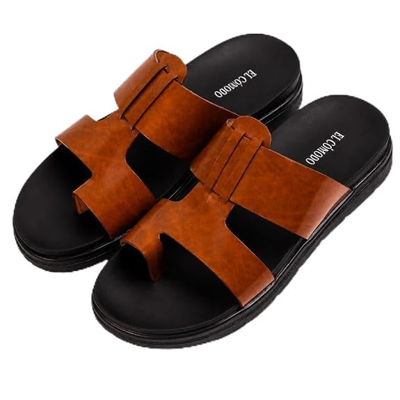 Men's Contemporary Leather Toe-Ring Slides - Tan