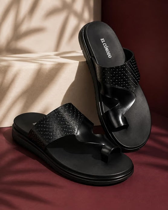 Men's Embossed Leather Toe-Ring Slides - Black