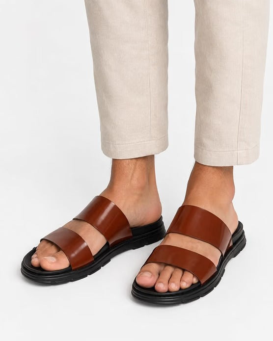 Men's Minimalist Dual-Band Leather Slides - Tan