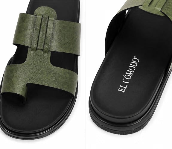 Men's Contemporary Leather Toe-Ring Slides - Green