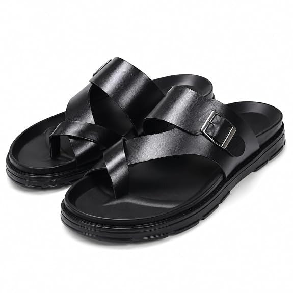 Men's Handcrafted Leather Toe-Ring Slides - Black