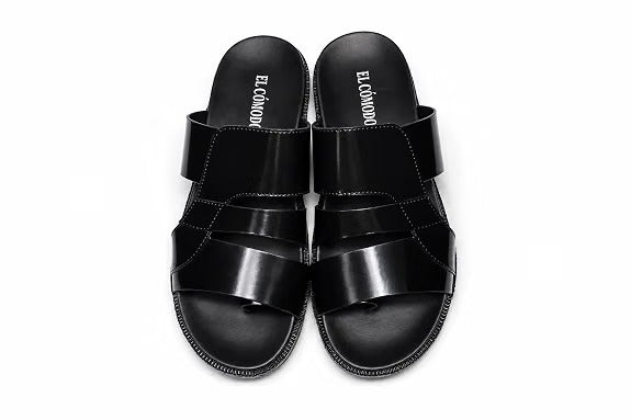 Men's Asymmetric Tri-Band Leather Slides - Black