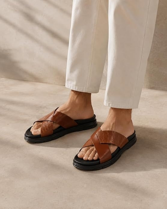 Men's Croc-Embossed Leather Slides - Brown