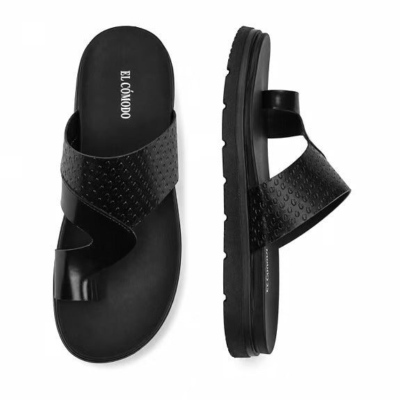 Men's Embossed Leather Toe-Ring Slides - Black