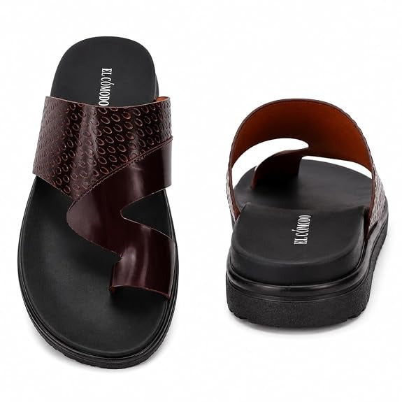 Men's Embossed Leather Toe-Ring Slides - Brown
