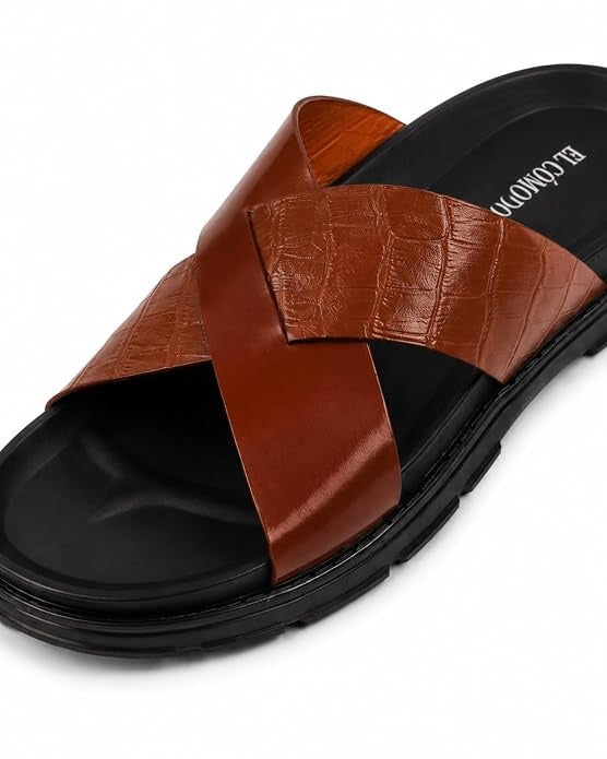 Men's Croc-Embossed Leather Slides - Brown