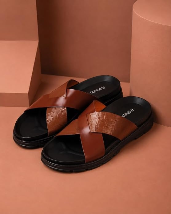 Men's Croc-Embossed Leather Slides - Brown