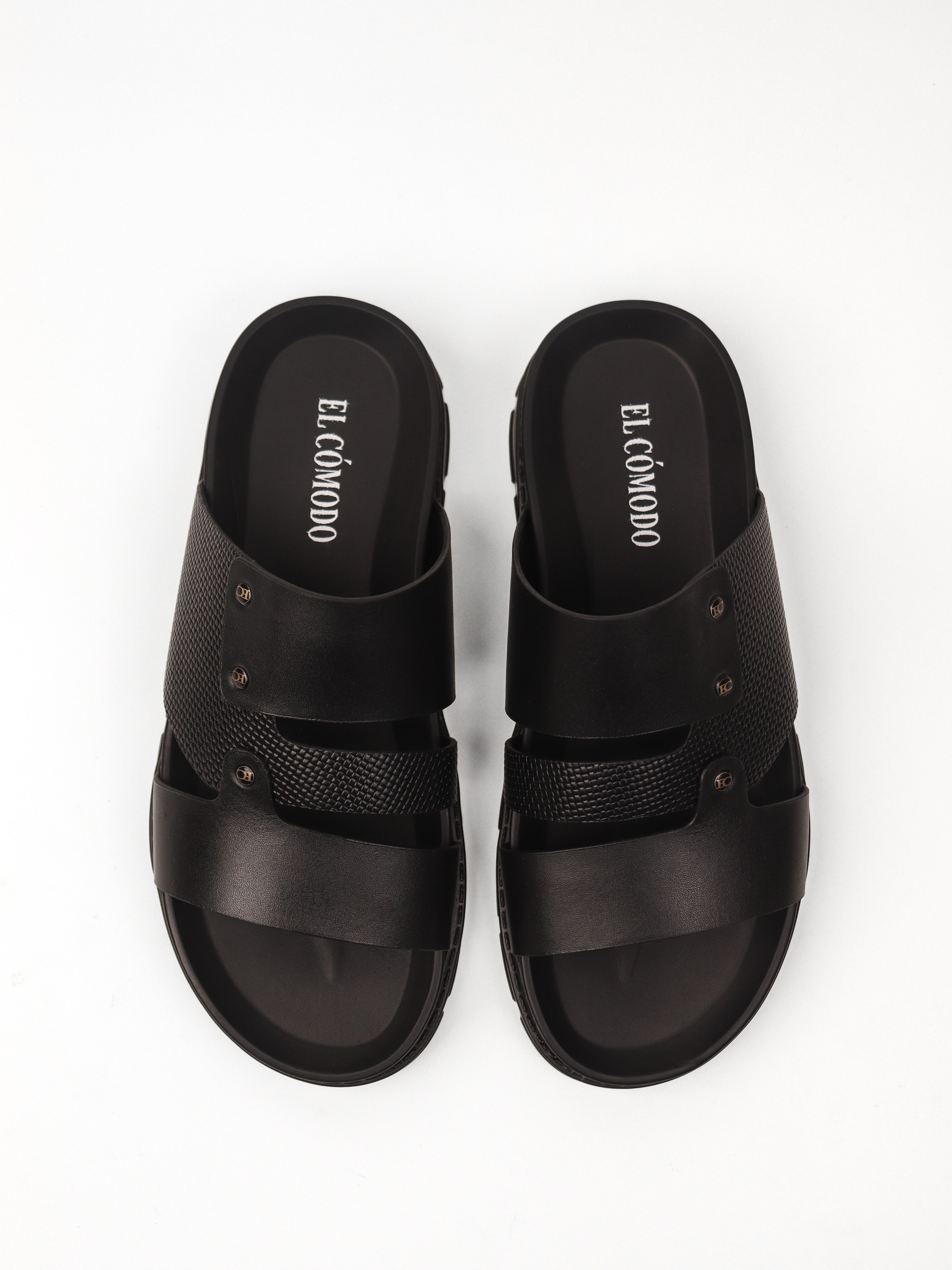 Men's Textured Three Strap Slippers: Black