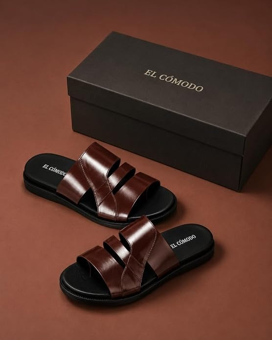 Men's Asymmetric Tri-Band Leather Slides - Brown