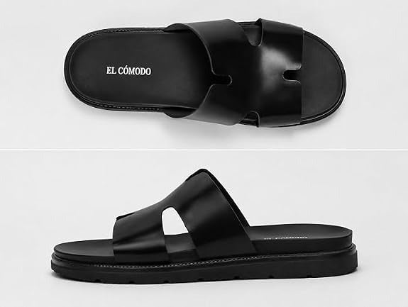 Men's Cutout Leather Slides - Black