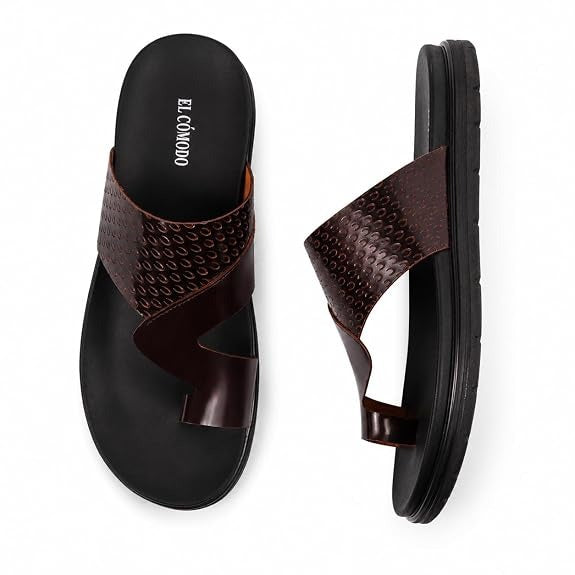 Men's Embossed Leather Toe-Ring Slides - Brown