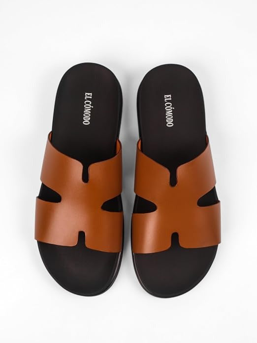 Men's Cutout Leather Slides - Tan