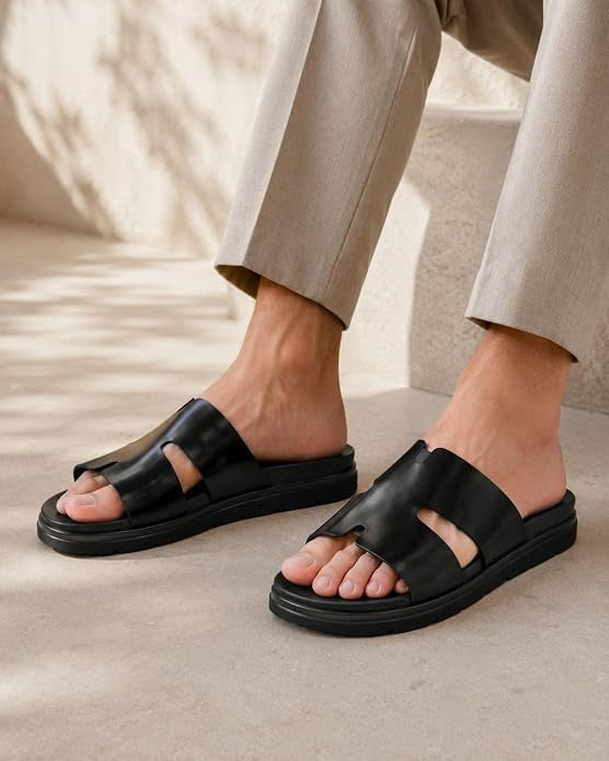 Men's Cutout Leather Slides - Black