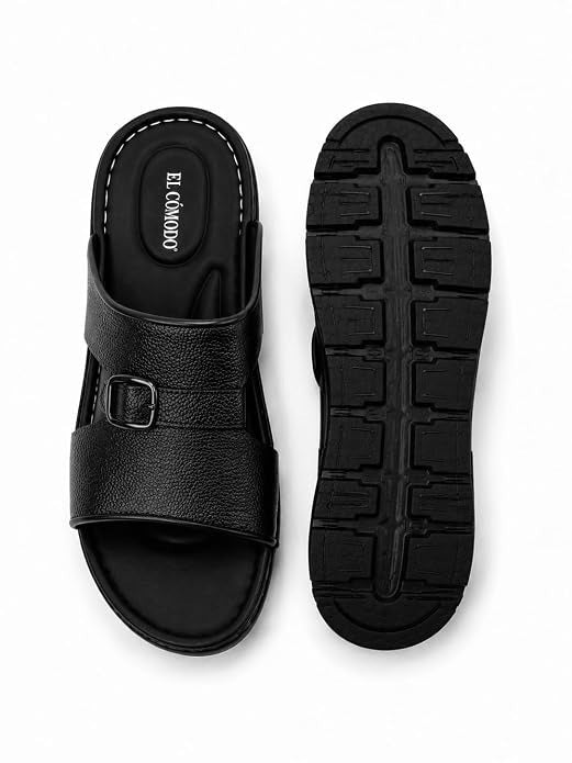 Men's Single Buckle Leather Slides - Black