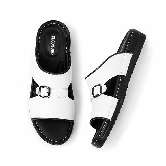 Men's Single Buckle Leather Slides - White
