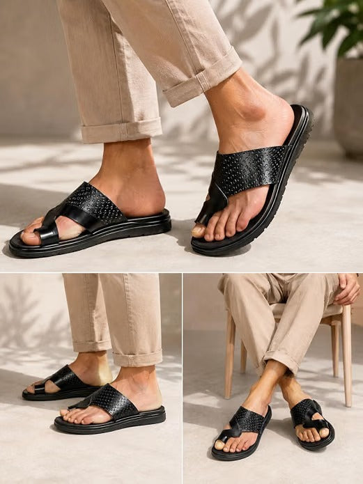 Men's Embossed Leather Toe-Ring Slides - Black