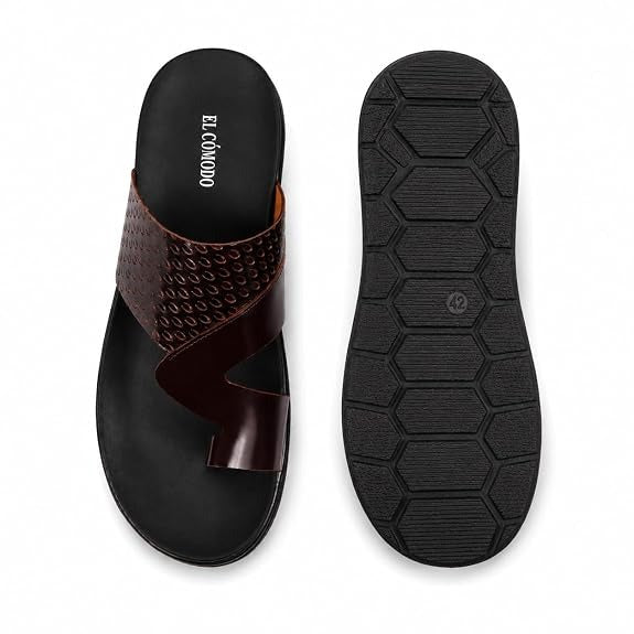 Men's Embossed Leather Toe-Ring Slides - Brown