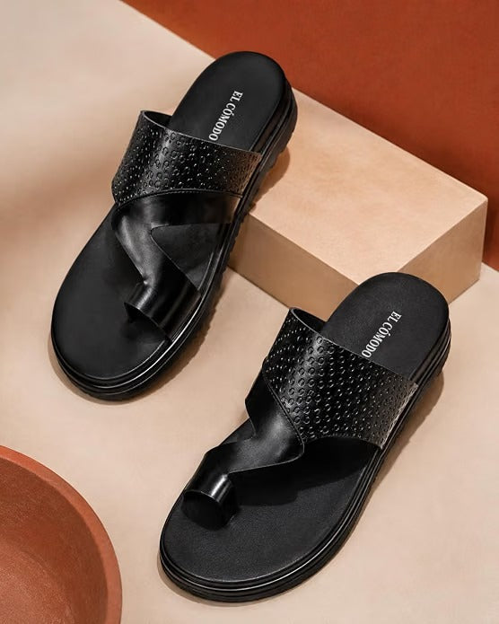 Men's Embossed Leather Toe-Ring Slides - Black