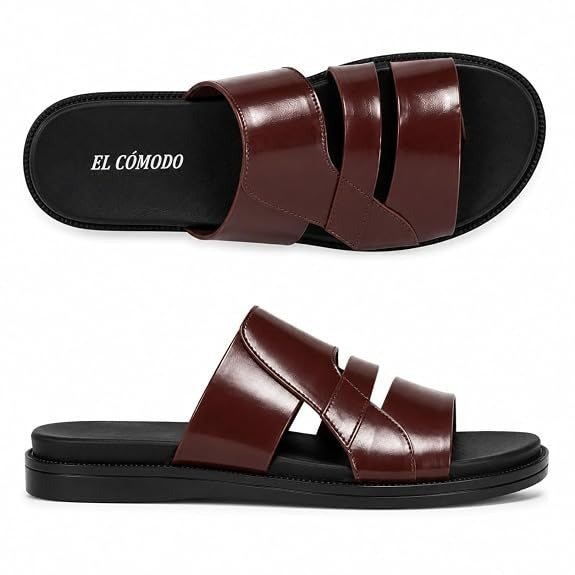 Men's Asymmetric Tri-Band Leather Slides - Brown