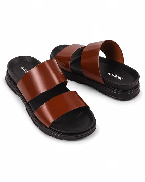 Men's Minimalist Dual-Band Leather Slides - Tan