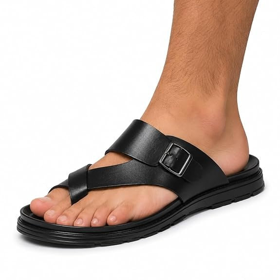 Men's Handcrafted Leather Toe-Ring Slides - Black
