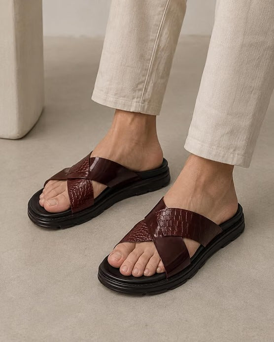 Men's Croc-Embossed Leather Slides - Tan