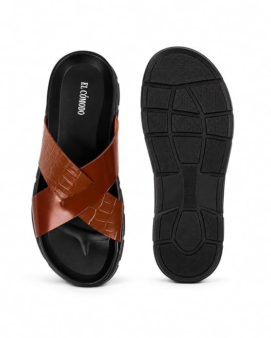 Men's Croc-Embossed Leather Slides - Brown
