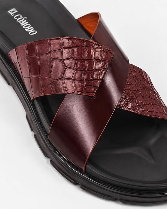 Men's Croc-Embossed Leather Slides - Tan